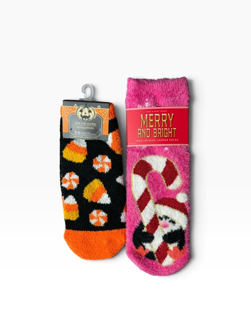 Shea Infused Penguin Candy Cain Socks Halloween Candy Corn 2 Pair NWT - Picture 2 of 11